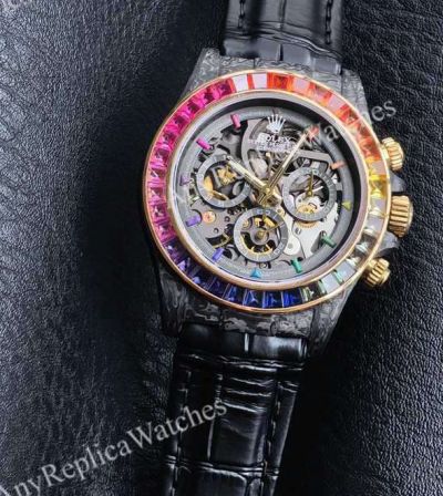 Rolex Daytona Skeleton Face Dandong 4130 Movement 40mm Rainbow Bezel Black Leather Band Watch